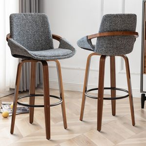 Sillas de <span class=keywords><strong>Bar</strong></span> Estilo Retro Moderno de Mediados de Siglo, Tapizadas en Tela con Aspecto de Lino Gris Carbón, Estructura de Madera de Nogal, para <span class=keywords><strong>Bar</strong></span> en Casa, <span class=keywords><strong>Altura</strong></span> de Barra - Product Image 2