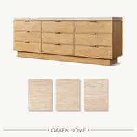 Commode à 9 tiroirs en chêne OAKEN pour chambre à coucher avec plateau en pierre de travertin gravée à l'alcaline, meuble de rangement moderne pour salon