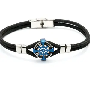 Factory Wholesale Jewelry Genuine Leather Rope Stainless Steel Compass Rudder Anchor Wind Star Bracelet For Men