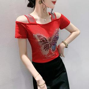 Camiseta de verano exquisita <span class=keywords><strong>con</strong></span> pedrería, de doble capa, de seda helada y malla, de manga corta, a <span class=keywords><strong>la</strong></span> moda, <span class=keywords><strong>con</strong></span> hombros descubiertos y <span class=keywords><strong>espalda</strong></span> hermosa - Product Image 4