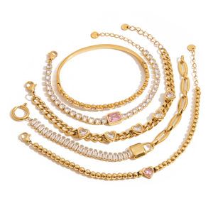 Conjunto de pulseras de cristal con cadena de corazón en tono dorado, joyería geométrica para uso diario para mujer - Product Image 1