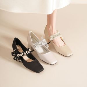 Zapatos Mary Jane con Punta Cuadrada, Tacón Bloque, Decoración de Flores de Satén, Zapatos de Tacón para Boda - Product Image 1