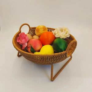Rattan Style Fruit <b>Basket</b> Bowl With Handles Storage Tray For Living Room Snack And Dessert Display Plastic <b>Weaved</b> Design - Product Image 4