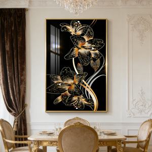 Peinture murale décorative de luxe en porcelaine de cristal avec fleurs dorées 3D et LED pour hall d'entrée et salon - Product Image 2