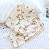 Piyama Katun Rajutan Motif Bunga Manis Wanita Musim Semi Gugur Set Lengan Panjang Celana Panjang Pinggang Elastis untuk Pelajar Muda