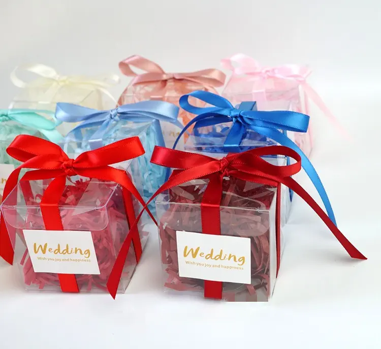 Cajas transparentes de PVC para dulces, caja de recuerdo y regalos de boda, cinta de flores cuadradas, embalaje romántico, bolsa de regalo para fiesta