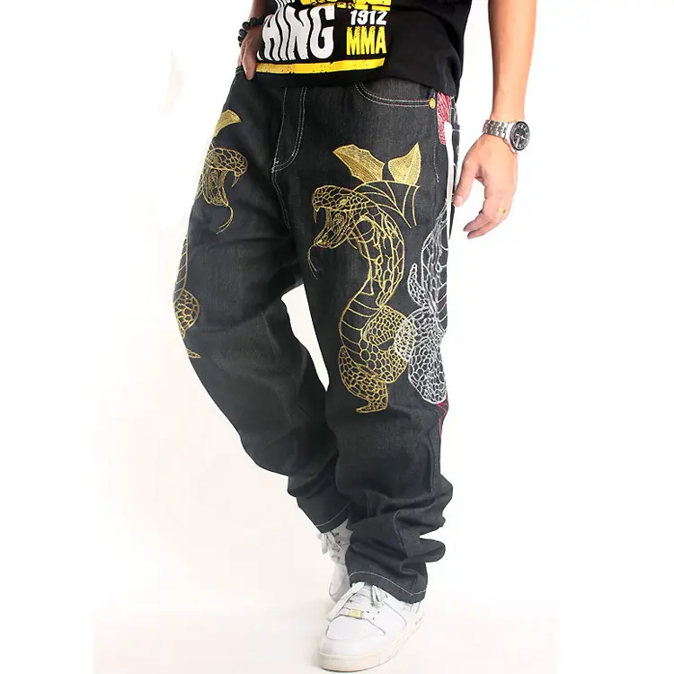 High quality jeans men's street hip hop loose 70% cotton knitted embroidery large size men's trousers