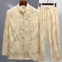 Set Latihan Tai Chi Pria Baju Tradisional Cina Hanfu Lengan Panjang Motif Bunga Kancing Depan Bahan Sutra Es