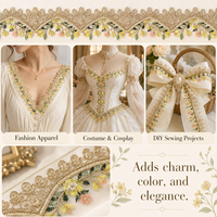 Ruban en dentelle à mailles larges de 2,56 pouces avec broderie florale or champagne pour robe, costume, couture DIY, artisanat, décoration, accessoires, cadeaux