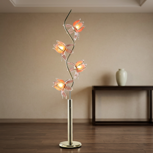 Upscale Interior Lotus Flower Standing <b>Lamp</b>, Curvy <b>Gold</b> Support 4 Glowing Pink Acrylic Lotus <b>Floor</b> Light - Product Image 1