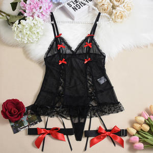 Seksi günaha renk zıt kayış yay bölünmüş kravat bel zayıflama elbise kadınlar için seks pijama 3-Piece Set - Product Image 6