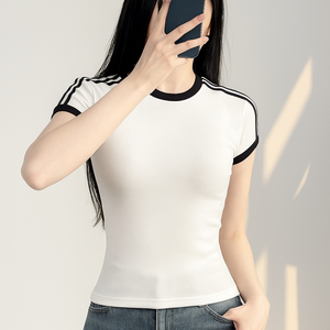 2025 Sportwear Logo personnalisé T-Shirt en coton coupe ajustée avec rayures sur les manches col rond respirant en gros Sport Style - Product Image 1