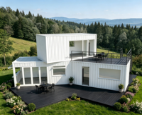 Villa conteneur préfabriquée blanche à deux étages, à ossature ondulée verticale, en kit, pour entrepôt/villa, design moderne pour station de villégiature en montagne