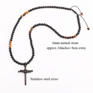 <span class=keywords><strong>Collana</strong></span> <span class=keywords><strong>Rosario</strong></span> con Croce Regolabile, Lunga <span class=keywords><strong>Collana</strong></span> di Gesù con Perline, Alta Qualità in Onice Opaco e Occhio di Tigre, Collane da <span class=keywords><strong>Uomo</strong></span> in Acciaio Inossidabile - Product Image 3