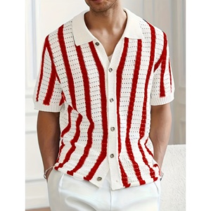 Maglione Estivo Traforato a Righe Verticali con Colletto, T-shirt a Maniche Corte, <span class=keywords><strong>Cardigan</strong></span> da Uomo - Product Image 1