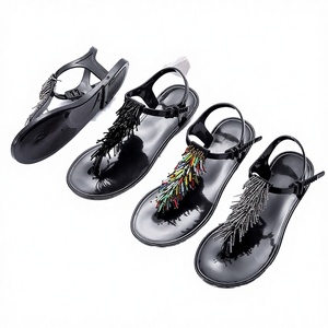 New Internet Celebrity Tassels Beads T Strap Slides Flat Sandals Women Solid Color Breathable Waterproof Soft PVC - Product Image 2