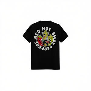 T-shirt Red Hot Silly Peppers nera con scollo rotondo, abbigliamento promozionale - Product Image 2