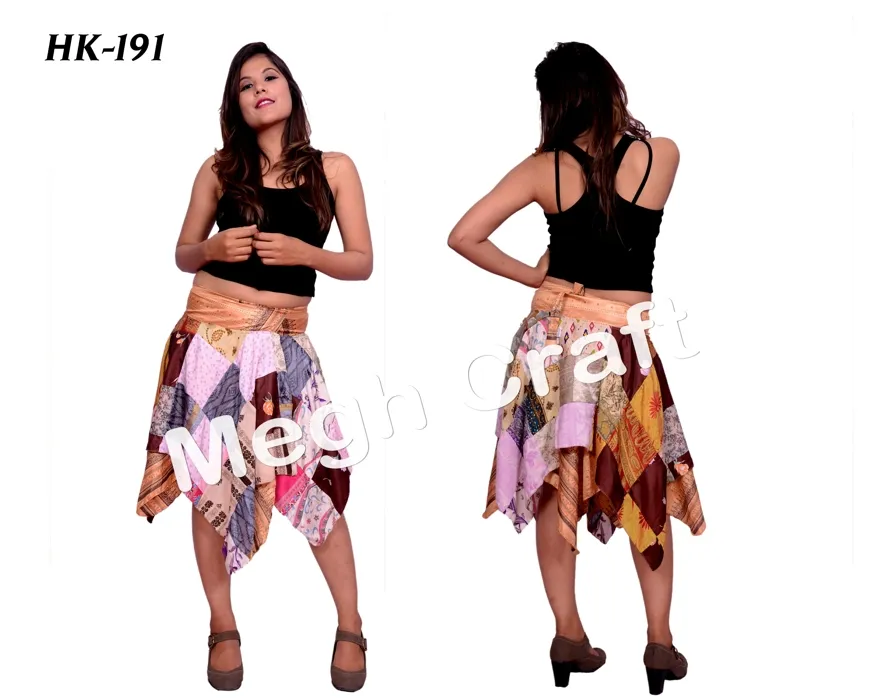 Indian Silk Saree rumal cut skirt - Bohemian style zigziag skirt - Ladies fashion short skirt