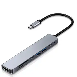 Stasiun Dok multifungsi USB C aluminium, stasiun Dok portabel 7 in 1 Tipe C ke HD DP VGA PD SD TF USB3.0 untuk komputer Laptop