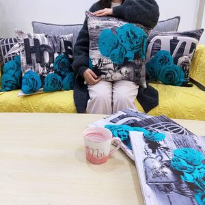 Set 4 Farmhouse Grey Turquoise 18x18 Inch Linen Cotton Throw Pillow Covers Rose Flower Decorative <b>Cushion</b> Case for Decorations - Product Image 5