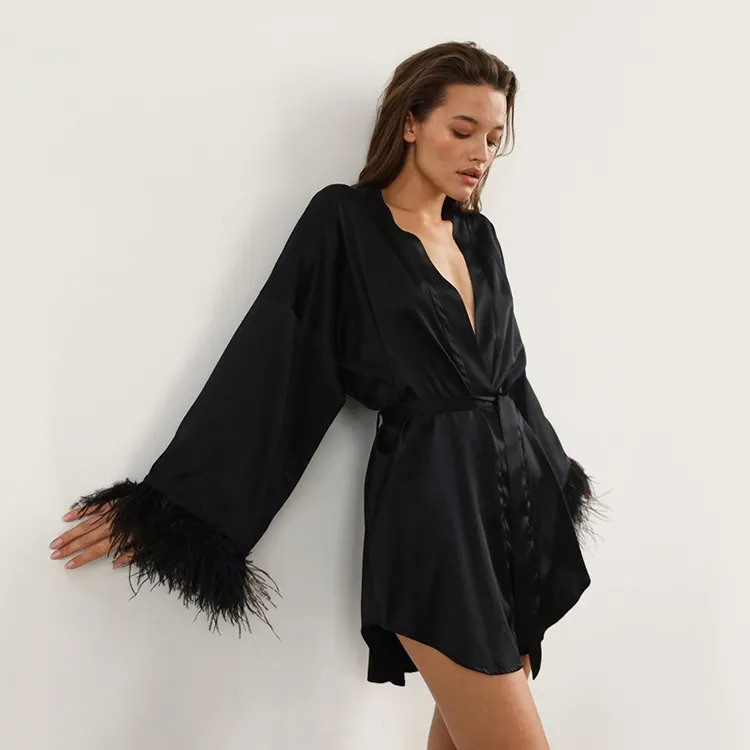 Autumn Spring 2023 Designer Pajamas Black Lace Up V Neck Robe Lounge Wear Casual Feather Long Sleeve Dresses Women
