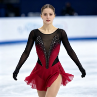Robe de patinage artistique rouge et noire contrastée, en maille, à manches longues, avec strass en V, taille ajustée, pour la compétition et les spectacles