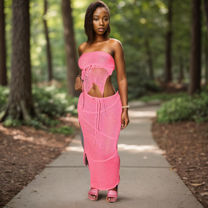 Conjunto de dos piezas de falda maxi sin espalda de tela de suéter sexy para mujer, modelos explosivos de moda - Product Image 2