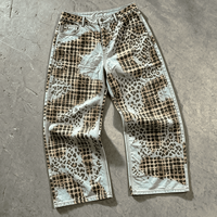 Jeans pour hommes OUNA Designer, effet usé, imprimé animal, patchwork léopard, coupe large, denim clair, streetwear homme