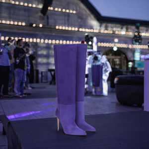 Stylish Solid <b>Suede</b> Women's Knee-High Booties Fashion High <b>Heels</b> Pointed Toe Boot with Straight Upper Slip-On Shoes - Product Image 2