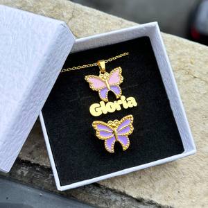 QIUHAN personalizado esmalte nombre encanto colgante collar Rosa mariposa anillos personalizado esmalte letra conjunto - Product Image 6