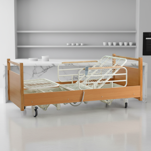 Cama de Hospital con Altura Ajustable, Cabecera y Piecera de Roble Macizo, Superficie de Malla, Frenos y Ruedas Silenciosas - Product Image 1