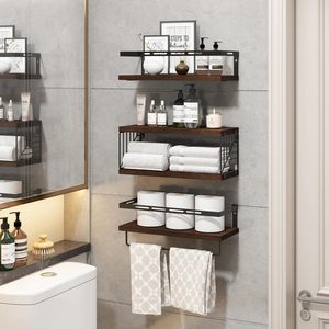 Set di Mensole Galleggianti da Parete in Stile Rustico per <span class=keywords><strong>Bagno</strong></span> e Cucina, Scaffali in <span class=keywords><strong>Legno</strong></span> <span class=keywords><strong>con</strong></span> Struttura in Metallo - Product Image 6