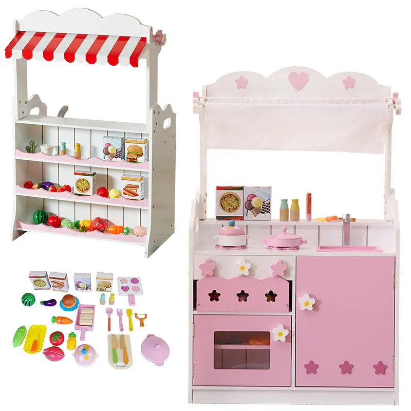 Large Girls Kids Pink Wooden Play Kitchen With Utensils Toys ChildrenのRole Play Pretend Set Toy