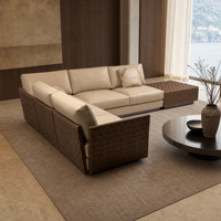 Canapé d'angle modulable en cuir véritable italien minimaliste avec section rafraîchissante, accoudoirs tressés à la main et table basse – Collection Luxe pour Salon