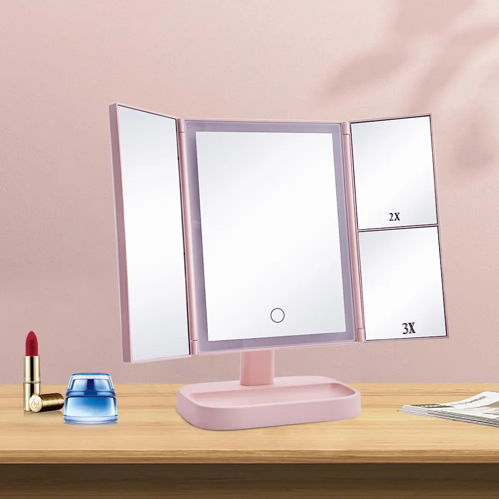 Espejo plegable para maquillaje, espejo de tocador de belleza con tres pliegues ajustables, clásico, pantalla táctil Led
