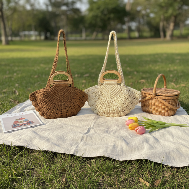 New Summer Vacation Shell Bag for Women High-End Wooden Handle Handbag Polyester Lining Korean Style Simple Shoulder Straw Bag