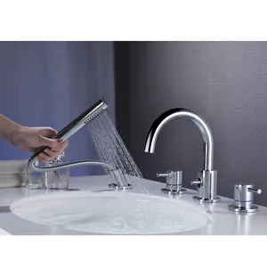 4 foro tubo flessibile doccia vasca da bagno rubinetto deck mounted di riempimento con doccia a mano testa miscelatore rubinetti per lavabo