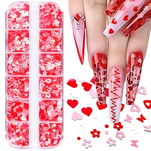 Wholesale12 Grid Box Valentine Nail Accessories Butterfly Flowers Love Nail Sequins 3D Holographic Nail Art Sequins