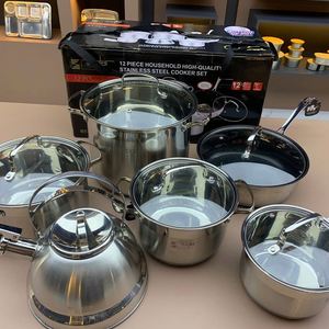 Batterie de cuisine en acier inoxydable de qualité supérieure pour la maison, ensemble de casseroles avec couvercles en verre et bouilloire, vente en gros d'usine - Product Image 2