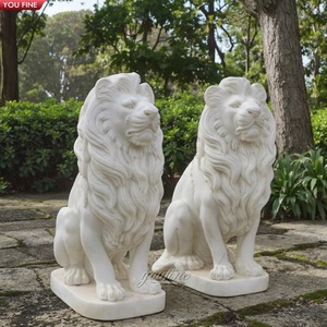 Coppia di Statue di Leoni in Marmo Bianco YOUFINE, Decorazione Classica per Ingresso Villa - Product Image 2