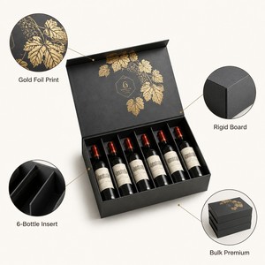 Caja de Regalo para 6 Botellas de <span class=keywords><strong>Vino</strong></span>, Cartón Rígido, Empaque Premium para Seis Botellas de <span class=keywords><strong>Vino</strong></span> Tinto con Lámina Dorada, Empaque al por Mayor - Product Image 3