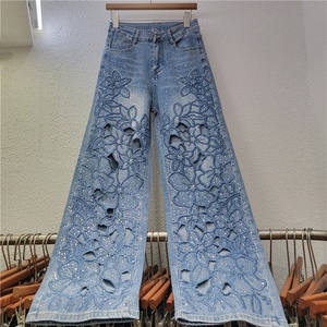 Nouveau jean <span class=keywords><strong>femme</strong></span> printemps/été 2026, style français, élégant, polyvalent, broderie florale ajourée, séchage rapide - Product Image 1