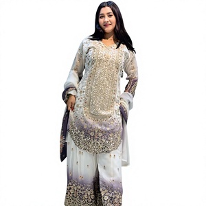 Ensemble Kurta et Palazzo de mariage traditionnel en Georgette Ombré Violet, brodé par un designer, réversible et infroissable, toutes saisons - Product Image 1