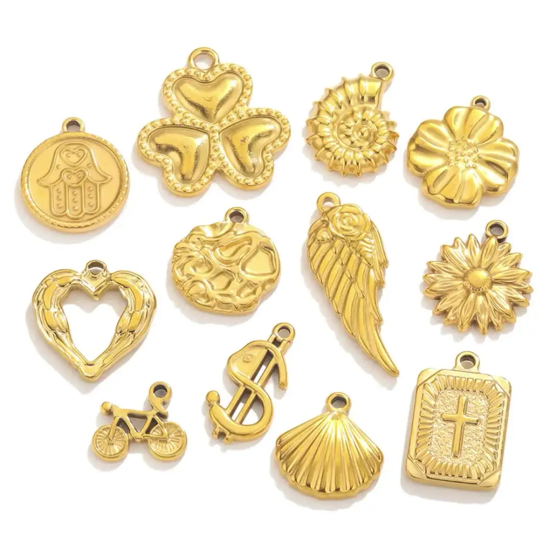 18K Gold Plated Stainless Steel Pendant Charms Heart Cross Bike Shell Praying Hand Multi Designs Charm for DIY Jewelry Making