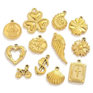 Liontin baja tahan karat berlapis emas 18K liontin salib hati sepeda cangkang tangan doa Multi desain jimat untuk membuat perhiasan DIY