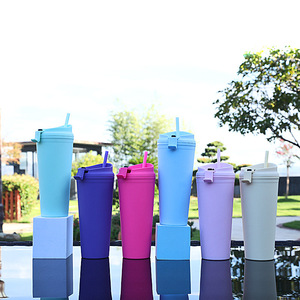 Double Layer Plastic Straw Cup Portable Flip Top Lid <b>Large</b> Capacity Outdoor Frosted Travel <b>Mug</b> Reusable Drinkware - Product Image 3