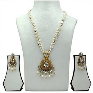 Traditional Gold Plated White Beaded <b>Necklace</b> <b>Set</b> with Antique Teardrop Pendant and Matching <b>Pearl</b> Dangle Earrings - Product Image 1