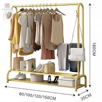 Porte-vêtements sur pied moderne en métal doré poli avec éclairage LED et étagère inférieure, couleur personnalisable pour la maison, la chambre et le salon