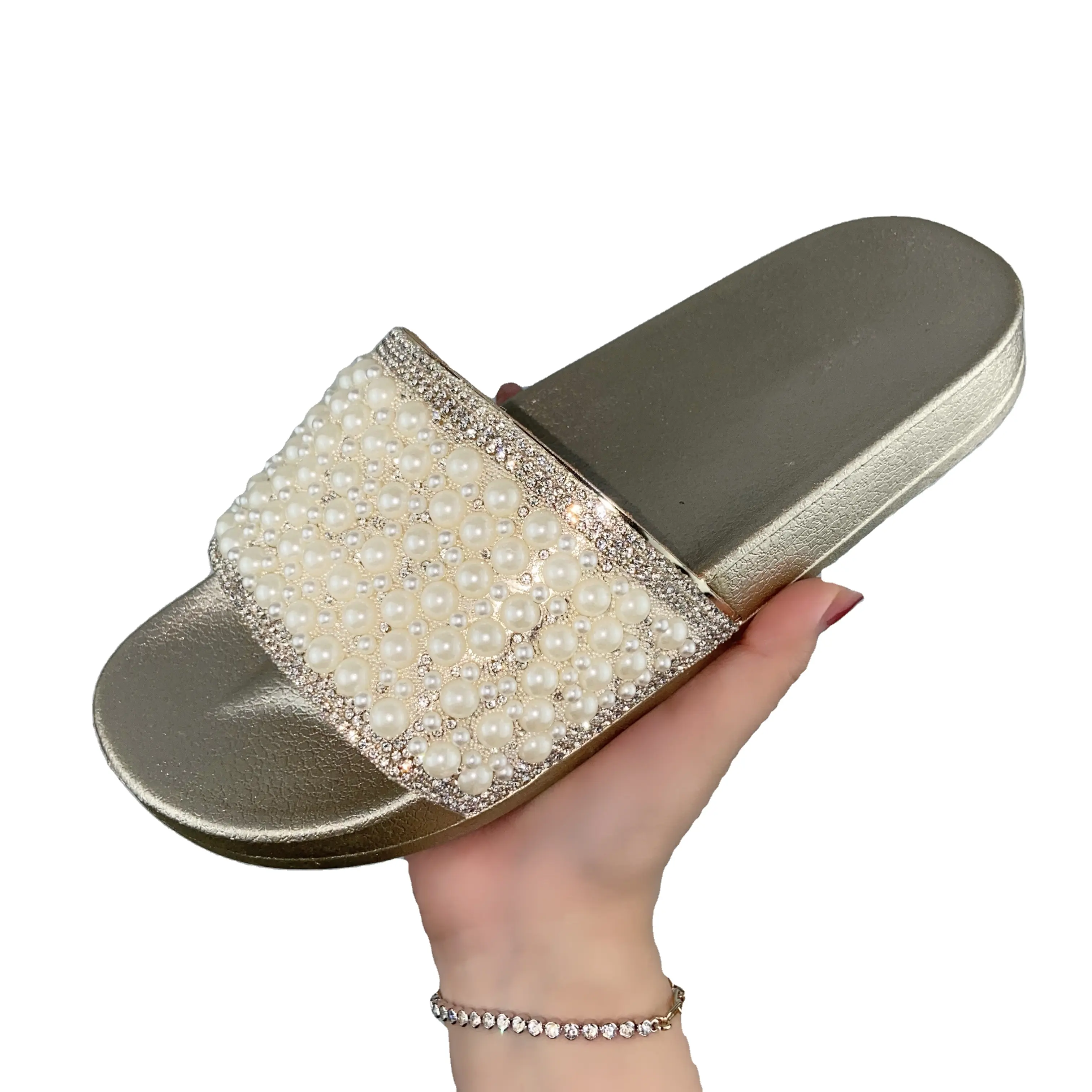 Dames Slippers Mode Strand Strass Parel Platte Pvc Slippers Slides Dames Kleurrijke Diamonds Crystal Sandalen Voor Vrouwen Schoenen