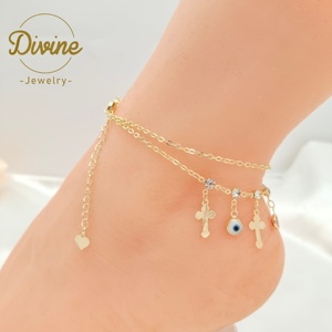 थोक हॉट सेलिंग डबल लेयर एडजस्टेबल आंख एंकलेट पीतल मिश्र धातु 14k कुंवारी क्रॉस - Product Image 4